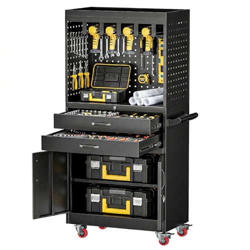 Professional Mobile Tool Cart with Locking Wheels, Large Storage & Built-in Outlet - Heavy Duty Rolling Workbench for Garage, Workshop, Electric Tool Organization and Moving Jobs