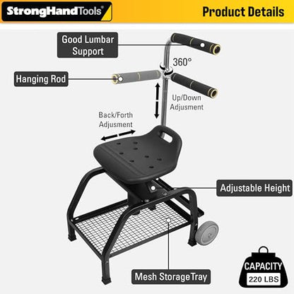 Strong Hand Tools Adjustable Height Swivel Mechanics Seat, Two Rolling Wheels, Garage Work Stool with Backrest, 360° Swivel, Tool Tray Storage, 220 LBS Capacity, Heavy Duty WRA100