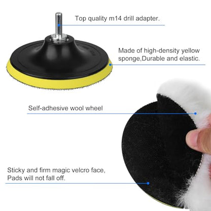 Linkstyle 11PCS 5 Inch Wool Polishing Buffing Pad Kit, Car Polishing Kit for Drill Buffer Attachment with M14 Drill Adapter for Waxing, Car Detailing, Metal Glass Surface