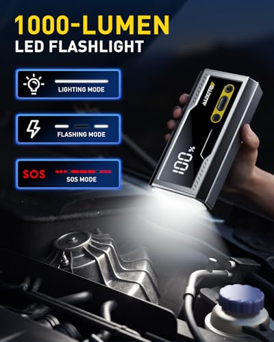 AUXITO 6000A Jump Starter, 12V Car Battery Jump Starter, Up to All Gas & 12L Diesel Engine with LED Display, Portable Jump Box with 3 Modes Flashlight and Jumper Cable, Storage Case - size: T3-6000A