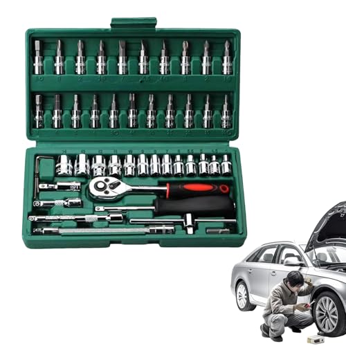 Ratchet Wrench Kit – 3/8 Drive Wrench Set, Marine Electric Tool, 46-Piece Mechanic Kit | Professional Automotive, Workshop, DIY and Boat Repair Equipment - color: Green
