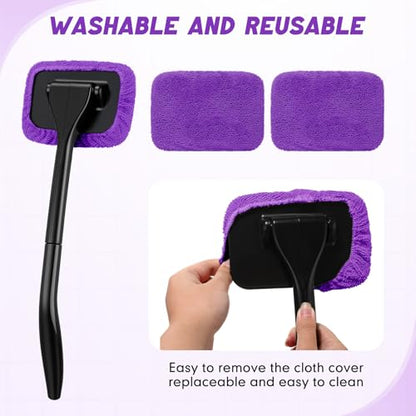 FoldTier 8 Pcs Car Windshield Cleaner Tool Kit with Removable Handle, Microfiber Towel Pads, Brush, Empty Spray Bottle for Auto Glass Wiper Suvs Rvs & Home Windows(Purple) - color: Purple