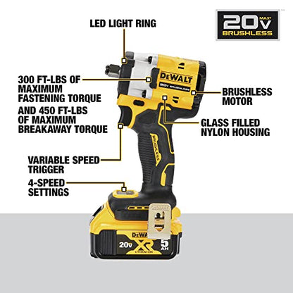 DEWALT DCF921P2 ATOMIC 20V MAX* 1/2 in. Cordless Impact Wrench with Hog Ring Anvil Kit | 300 Ft-Lbs Fastening/450 Ft-Lbs Breakaway, 4 Speeds, Kit: DCF921, DCB115, 2) DCB205 5ah
