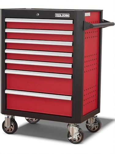 Upgrade 7-Drawer Rolling Tool Chest with Locking Wheels & Drawers, 18.5" D x 27.9" W x 39.5" H Mobile Tool Storage Cabinet, Heavy-Duty Garage Organizer w/Ergonomic Handle - color: Red and White