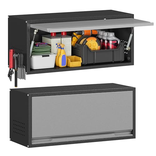 Metal Garage Wall Cabinet with Up-Flip Door,Wall-Mounted Steel Storage Cabinet, Float Tool Cabinet with Pegboard,Upper Cabinet for Kitchen,Garage,Workshop,Warehouse(13.8" H,Black&Gray) - color: Black&gray, size: 13.8"H Wall Cabinet(1-Door)