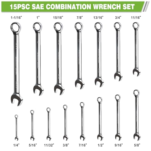 15-Piece Combination Wrench Set, 1/4" to 1-1/16" SAE Wrench Sets, Chrome Vanadium Steel Wrenches with 12-Point Box End, 15-Degree Offset, Mirror Polished - size: Sae-15 piece set