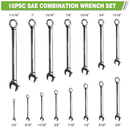 15-Piece Combination Wrench Set, 1/4" to 1-1/16" SAE Wrench Sets, Chrome Vanadium Steel Wrenches with 12-Point Box End, 15-Degree Offset, Mirror Polished - size: Sae-15 piece set