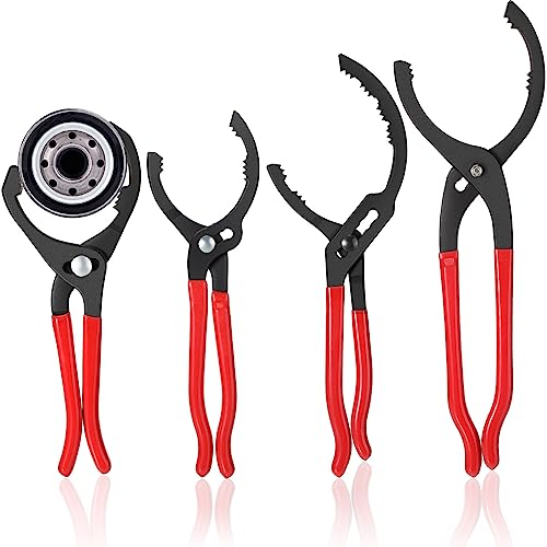 Lothee 4 Pieces Oil Filter Wrench Set, 10'' 12'' 14'' 16'' Oil Filter Pliers Adjustable Removal Tool Pliers for Cars, Trucks, Motorcycles Engine, Conduit, Fittings(Red) - color: Red