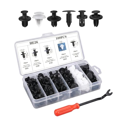 100 PCS Bumper Push Fasteners Rivet Clips, 6 Sizes Body Door Panel Retainer Clips, Expansion Screws Boxed with Removal Pliers, for Most Cars Repair Accessories (White)