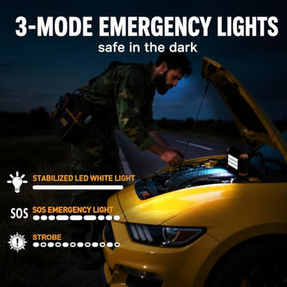 1000A 12V Jump Starter with Air Compressor, 150 PSI Tire Inflator | 1.8lb body for 6L gas/3L diesel engines with auto shut-off, LCD display, LED emergency light, USB power bank and storage case