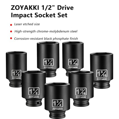 1/2" Drive Deep 6-Point Impact Socket Set,7 PCS Standard SAE (1-3/4 to 1-3/8inch) Spindle Axle Nut Impact Socket Set,Cr-Mo Alloy Steel for Auto Repair, Storage Case - size: 1/2" SAE 7PC Set