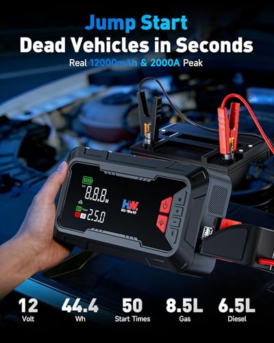 HW Car Battery Jump Starter with Air Compressor, 12V 2000A | 44.4Wh, 160PSI, 65W Fast Charging, Air Chucks and USB Cables
