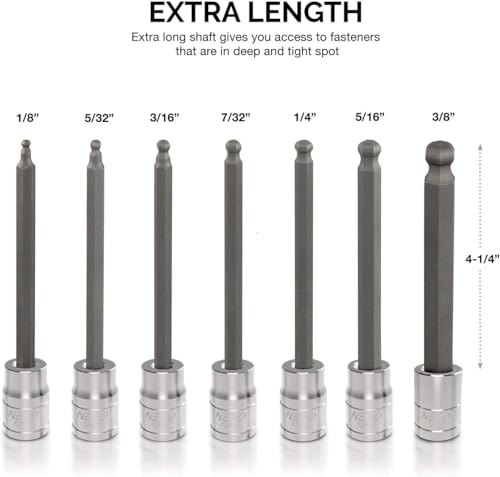 Neiko 10072A 3/8-Inch Drive Extra Long Allen Hex Bit Socket Set, SAE, 1/8-Inch - 3/8-Inch | S2 and Cr-V Steel, 7-Piece Set - style: SAE