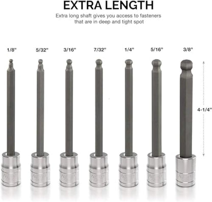 Neiko 10072A 3/8-Inch Drive Extra Long Allen Hex Bit Socket Set, SAE, 1/8-Inch - 3/8-Inch | S2 and Cr-V Steel, 7-Piece Set - style: SAE