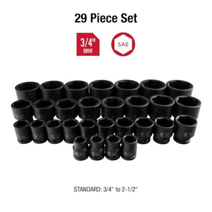 SUNEX TOOLS 4696 3/4-Inch Drive SAE Master Impact Socket Set, Standard, 6-Point, Cr-Mo, 3/4-Inch - 2-7/17-Inch, 29-Piece