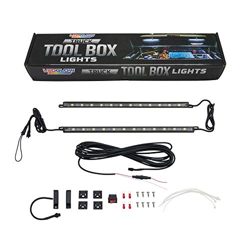 LEDGlow 2pc White Truck Tool Box LED Lighting Kit for Work & Utility Trucks | Universal Fitment 12" Tubes Install Inside the Lid & Shine Down on Tools, Includes Magnetic Power Switch for Automatic On/Off