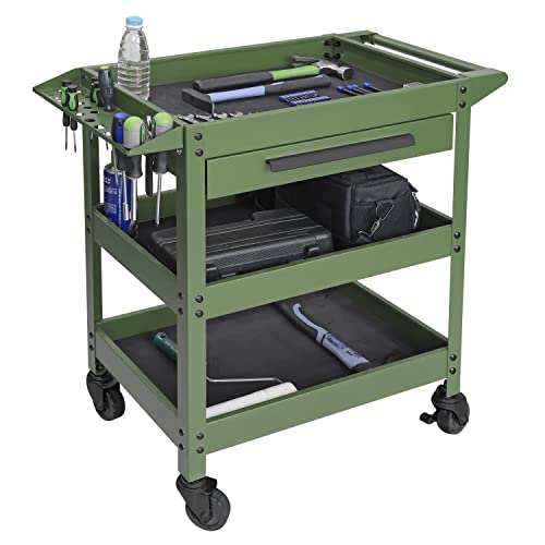 GSTANDARD APTB311G Torin 3 Layers Utility Cart: Rolling Tool Cart with Lockable Wheels and Multifunction Service Cart for Home, Garage, Kitchen, Office or Cafe, Green - color: Green, style: 3 Shelves with Drawer