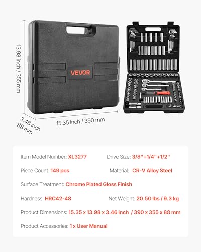 VEVOR Socket Set, 149 Pieces, 3/8 & 1/4 & 1/2 inch Drive Socket and Ratchet Set, SAE and Metric, Deep and Shallow, Mechanic Tool Kit with Bits, Accessories, Storage Case, CR-V Alloy Steel, for Repair - size: 1/4"&3/8"&1/2", style: 149 PCS