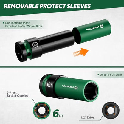 7Pcs 1/2" Wheel Protector Impact Socket Set with Jack Stand Pads | Impact Lug Nut Socket Set, Metric 17 19 21 mm, CR-MO Steel, 6-Point Thin Wall Socket Set, Universal Rubber Jack Pad Adapter - size: 7 PCS(Metric)