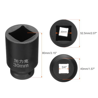 HARFINGTON 4 Point Square Socket 3/4" Drive by 30mm Metric Square Impact Socket 40CR Blackening Standard Wheel Sockets Pneumatic Socket Tool for Auto Repair Mechanical Maintenance Home Use - size: 30mm