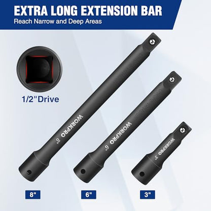 WORKPRO 1/2" Drive Impact Extension Bar Set, Socket Extensions | 3 PCS Socket Extensions, 3”, 6” and 8” Length, Premium Chrome Vanadium Steel - style: 1/2" DR