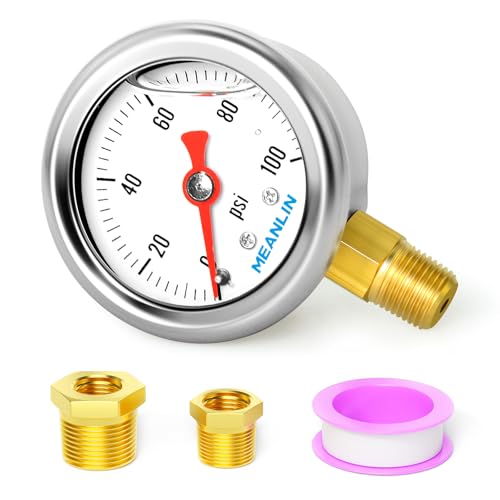 MEANLIN MEASURE 0~100Psi Stainless Steel 1/8" NPT 1.5" FACE DIAL, Glycerin Filled Pressure Gauge, Liquid Filled, Water Oil Air, Lower Mount, with 1/4" NPT and 3/8" NPT Hex Bushing - size: 0-100Psi