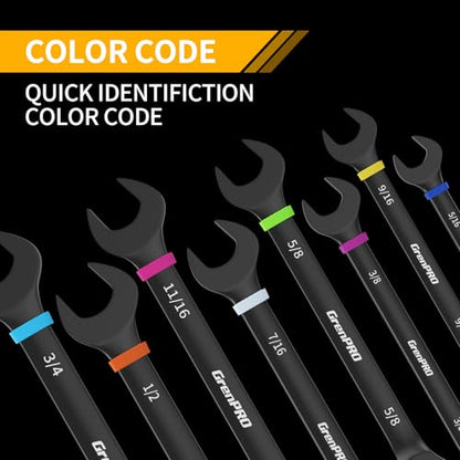 GRENPRO Ratchet Wrenches Set, Ratcheting Wrench Set, 9PC Sae 5/16 to 3/4 72Th Long Box Open End Ratchet Wrench Organizer With Color Ring With Roll Up Pouch With Gauge, Big Combination Wrench Tool Sets - style: 9PC SAE Ratchet Wrenches Set With Color Ring