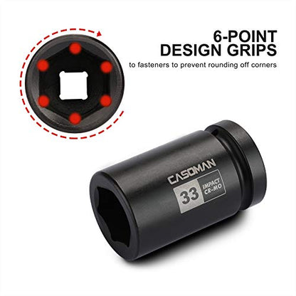 CASOMAN 1-Inch Drive x 33 mm Deep 6 PT Impact Socket, Metric, CR-MO, 1" Drive 6 Point Axle Nut Socket for Easy Removal of Axle Shaft Nuts (33MM) - size: 1-Inch Drive