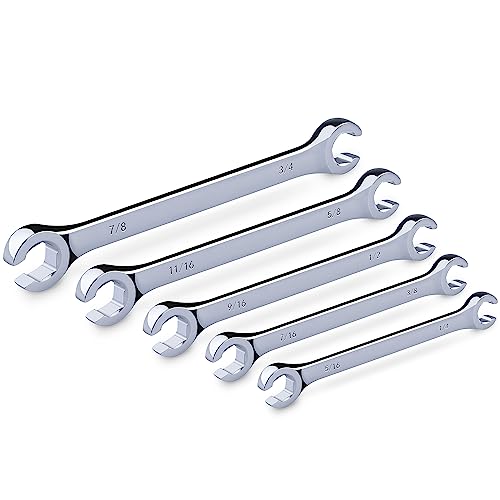 EFFICERE 5-Piece Double-End SAE Flare Nut Wrench Set in Rack, Size 1/4, 5/16, 3/8, 7/16, 1/2, 9/16, 5/8, 11/16, 3/4, 7/8” | Cr-V Steel, 6-Point Head, Best Line Wrench for Fuel, Brake, Air Conditioning - size: SAE Set, 5-Piece