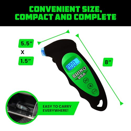 Rhino USA Digital Tire Pressure Gauge 150 PSI, 4 Ranges, Ergonomic Design w/Lighted Nozzle & LCD Backlit Display - Certified Accurate Readings, Best Digital Gage (Green) - color: Green, size: 150 PSI