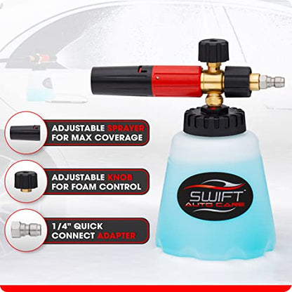 Swift Premium Foam Cannon for Pressure Washer – Heavy Duty Foam Sprayer for Car Wash | ¼ Inch Quick Connector | Adjustable Wide Mouth for Extra Thick Snow Foam | Holds 1 Liter of Soap!