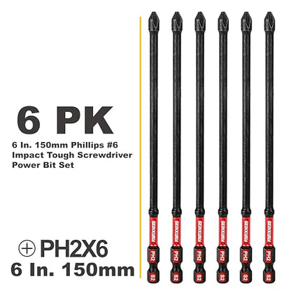 Geinxurn Impact Tough #2 Phillips 6 in. D2 Steel Long Extension Insert Driver Bits,6Pack 1/4 Inch Hex Shank Long Cross Magnetic PH2 Screwdriver Bits Set - size: 6"-D2PH2-6PCS