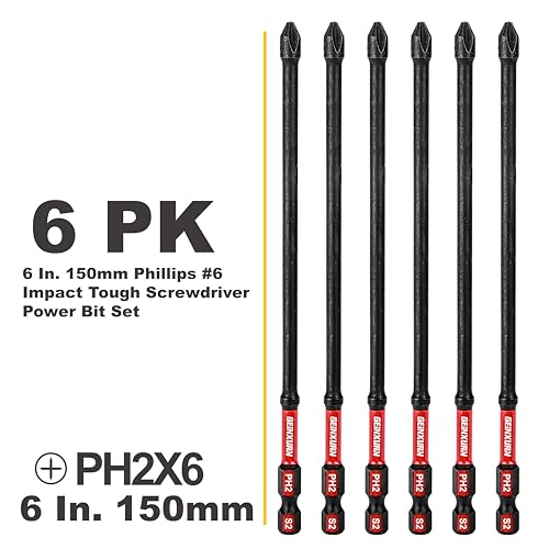 Geinxurn Impact Tough #2 Phillips 6 in. D2 Steel Long Extension Insert Driver Bits,6Pack 1/4 Inch Hex Shank Long Cross Magnetic PH2 Screwdriver Bits Set - size: 6"-D2PH2-6PCS
