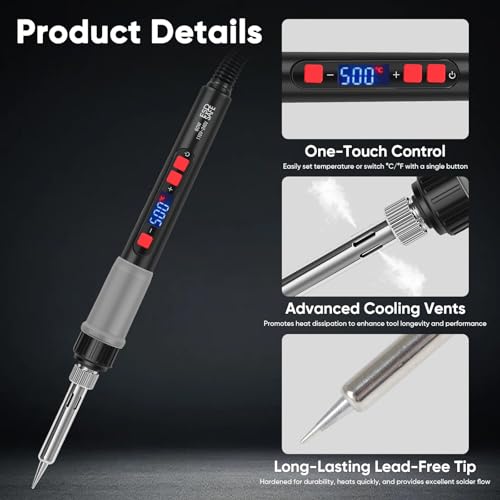 Soldering Iron Kit, 60W Soldering Tools with LCD Digital Display, 180°-500°C / 356°-932°F Adjustable Temperature, 5 Tips for Electronics Repair, Jewelry, DIY Projects