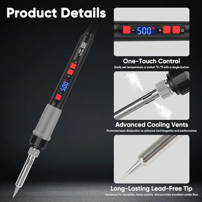 Soldering Iron Kit, 60W Soldering Tools with LCD Digital Display, 180°-500°C / 356°-932°F Adjustable Temperature, 5 Tips for Electronics Repair, Jewelry, DIY Projects
