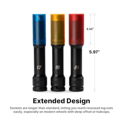 Capri Tools 1/2 in. Drive Extended Wheel Lug Nut Socket Set with Non-marring Protective Sleeve, 17, 19, 21 mm, 3-Piece