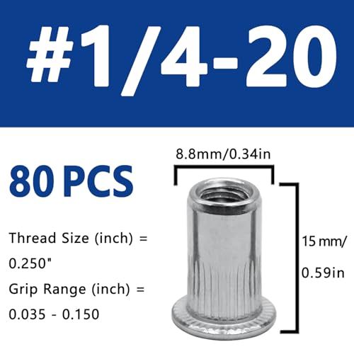 1/4”-20 UNC Rivet Nut, 80Pcs 304 Stainless Steel Flat Head Rivnut Threaded Insert Nutsert - color: Silver, size: 1/4''-20