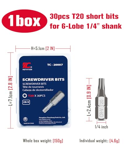 ROTATION 30PCS T20 Bit Set, 1/4" Hex Shank, Impact Grade Phillips Bit Set | Chrome Vanadium Steel, Impact Grade, Phillips Bit Set - color: T20