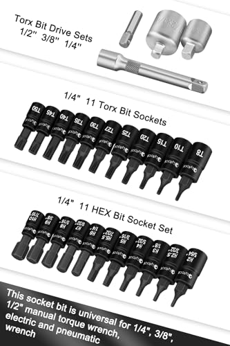 Lytool 25-Piece 1/4" Drive Torx and Hex Bit Socket Set, S2 Steel Allen & Star Bit Sockets, T8-T50 Torx and H2-H10 Hex Sizes, with Adapters for Automotive, Bike and Home Repair
