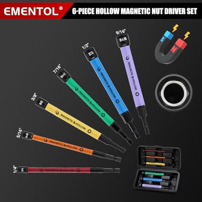 EMENTOL 6 PCS Hollow Shaft Magnetic Nut Driver Set, 1/4 to 9/16-Inch Color Coded Hex Sockets, 5-Inch Extended Reach SAE Nut Setters, Cr-V Steel Impact Rated for HVAC & Automotive Repair
