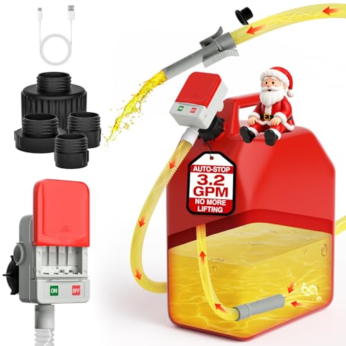 Keimi Portable Fuel Transfer Pump with Auto-Stop, 3.2 Gallon per Min, 51" Extra Long Hose, Battery & USB Powered, 4 Can Adapters, Leak-proof Gas Pump for Oil, Diesel and Gasoline - color: Grey Red