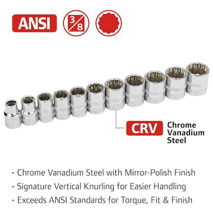 Ingersoll Rand 11-Piece 3/8-Inch Drive Metric Shallow Socket Set, 12-Point (8–19mm), Chrome Vanadium Steel, Mirror-Polish Finish, with Thermoform Organizer Tray – 752047X - size: 3/8 in. Drive Shallow Socket Set, style: Metric
