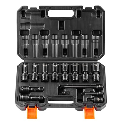 VEVOR 14PCS Universal Impact Socket Set - 3/8" Drive Deep Metric 10-19mm 6 Point - Swivel Socket with Flexible Wobble, CR-MO, Metric, Storage Case - style: 3/8" 14PCS Universal CR-MO