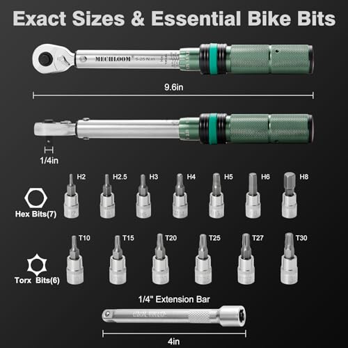 Bicycle Torque Wrench Set, 1/4-Inch, 5–25 Nm, 15-Piece Kit | Click wrench with torque control in both directions, 0.25 Nm increments, 4-inch extension, 13 bits and case.