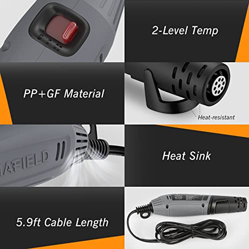 DIAFIELD Mini Heat Gun, 2 Temp Setting 302℉-842℉ Fast Heat Hot Air Gun Tool with Reflector Nozzle and 5.9Ft Cable Overload Protection for Epoxy Resin, Craft, Embossing, Shrink Wrapping & DIY - size: Mini Size