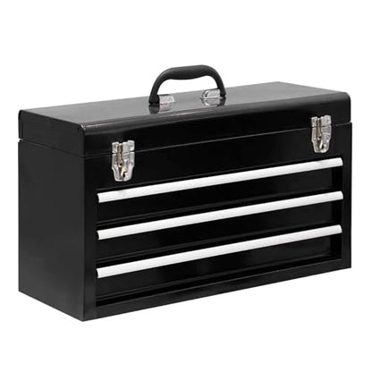 3 Drawer 20“ Metal Tool Box Portable Steel Tool Chest with Metal Latch Closure for Garage, Home and Workbench,Black - size: 20Inch-BLACK