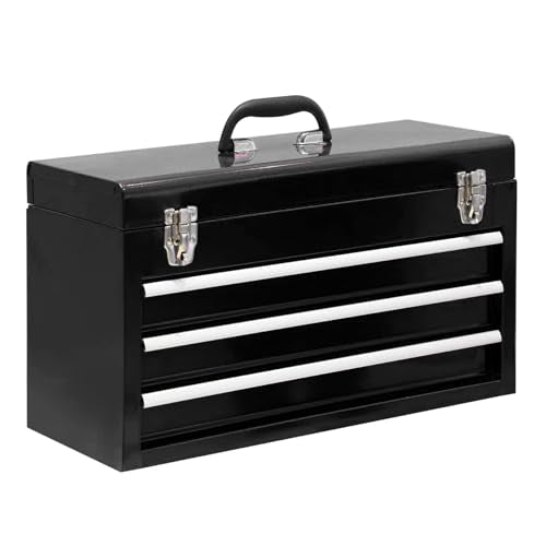 3 Drawer 20“ Metal Tool Box Portable Steel Tool Chest with Metal Latch Closure for Garage, Home and Workbench,Black - size: 20Inch-BLACK