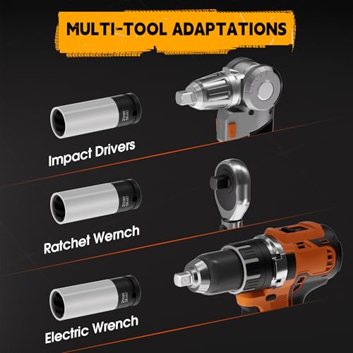 1/2" Drive Impact Twist Socket Set & Bolt Extractor Set, 3PCS 17/19/21MM Non-Marring Thin Wall Impact Sockets, Medium-Length Deep Wheel Protector Socket Set, CR-MO Lug Nut Remover