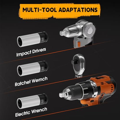 1/2" Drive Impact Twist Socket Set & Bolt Extractor Set, 3PCS 17/19/21MM Non-Marring Thin Wall Impact Sockets, Medium-Length Deep Wheel Protector Socket Set, CR-MO Lug Nut Remover