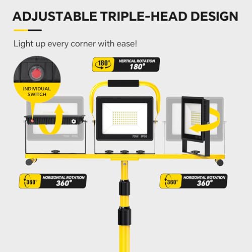 LED Work Lights with Stand: 3 Head Adjustable Work Light with Individual Switch, IP66 Waterproof Foldable Outdoor Tripod Light for Job Site Construction Lighting, Tool Gifts for Men - style: ‎3 Heads